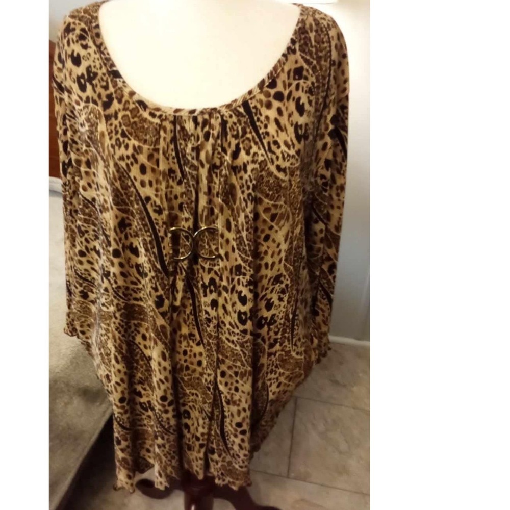 Maggie Barnes Women's 5X Animal Print Kaftan Tunic Top Gold D Ring Accent
